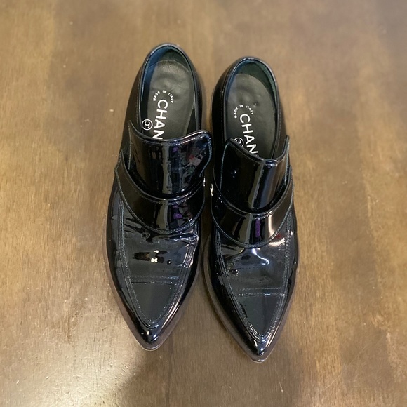 Authentic CHANEL Black Patent Loafer Heels - Picture 1 of 5